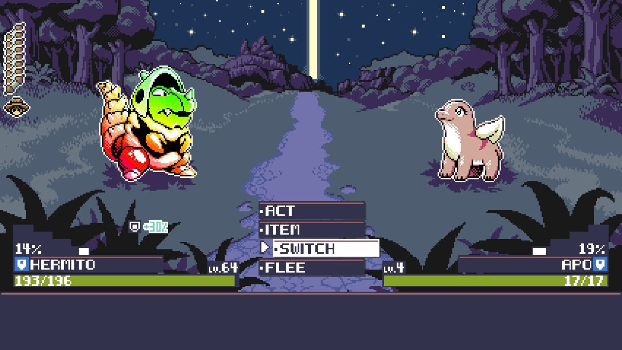 Battling a rainbow hermit crab-like monster and a landbound seal-like monster in Monster Crown Sin Eater.