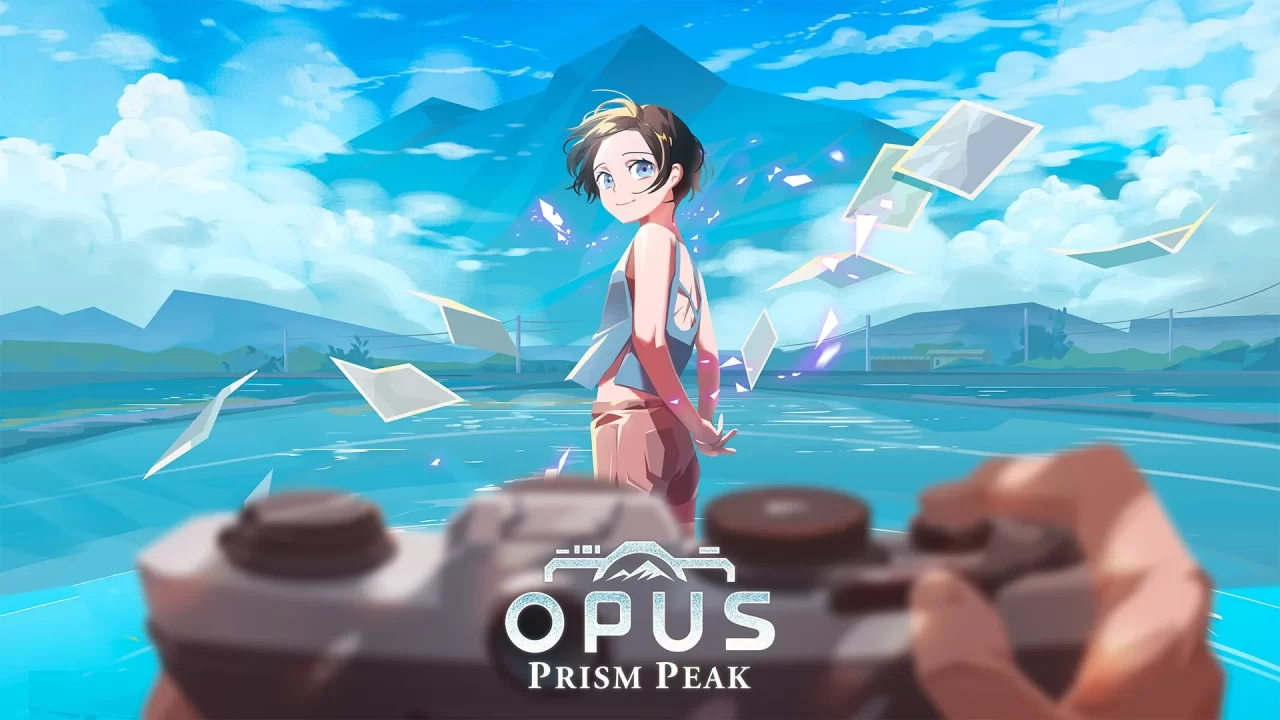 A camera in the foreground pointed at the young girl Ren, one of the leads in OPUS Prism Peak.