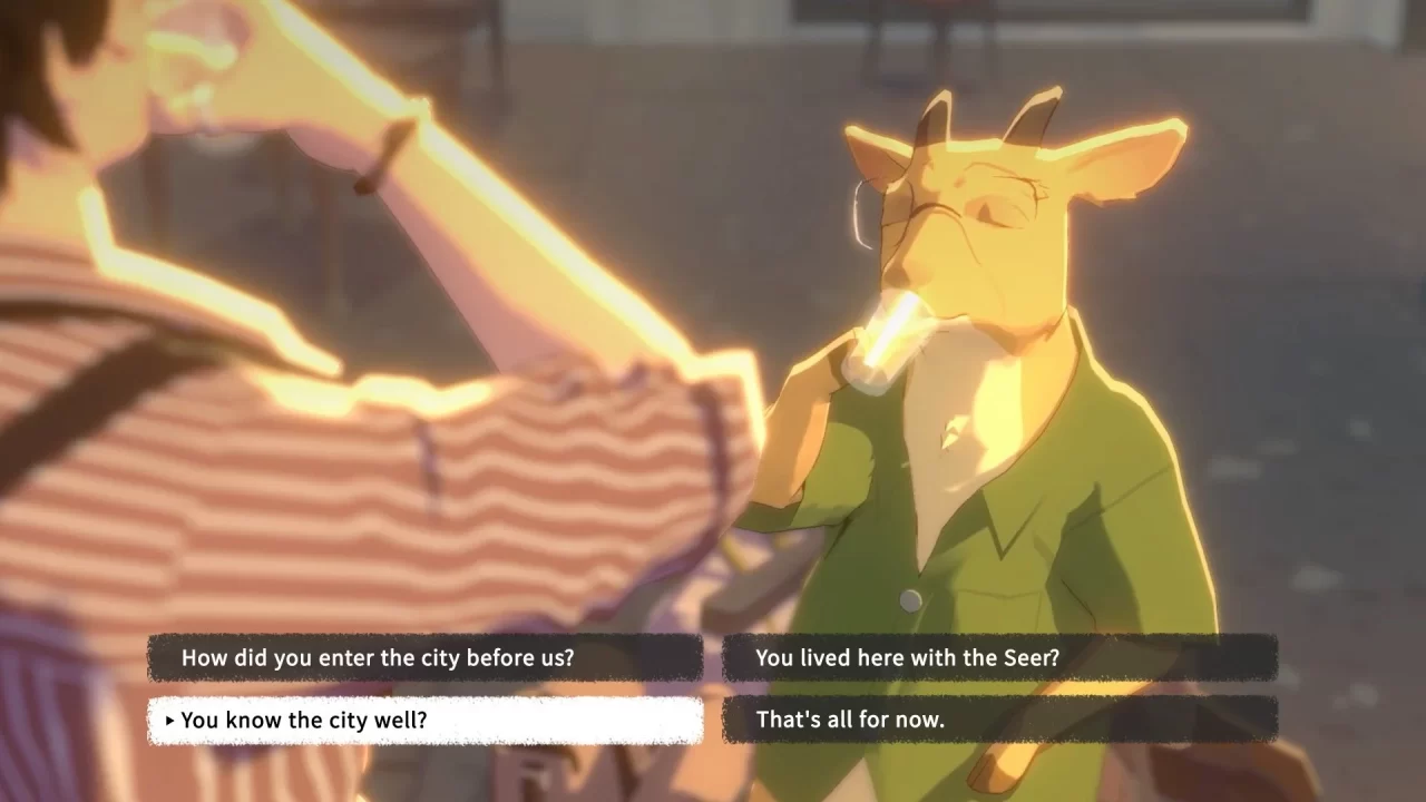 Eugene sharing a drink with an elderly goat spirit in OPUS: Prism Peak.