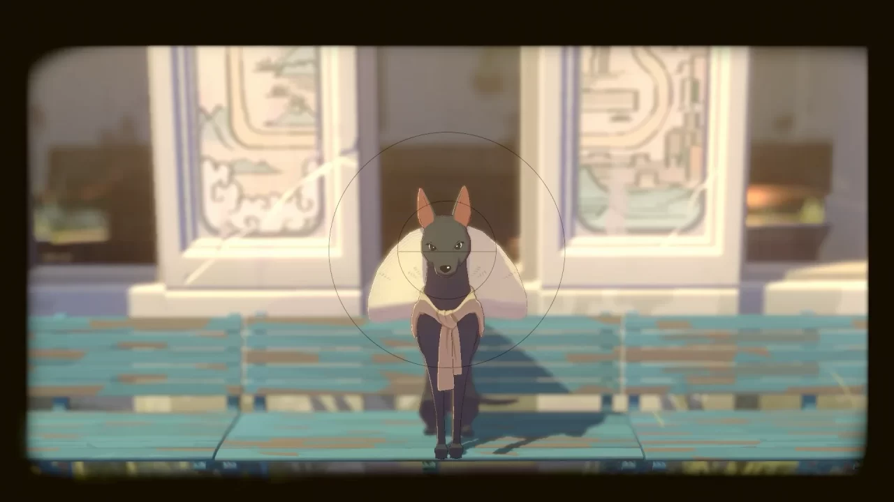 A dog spirit posing for a picture in OPUS: Prism Peak.