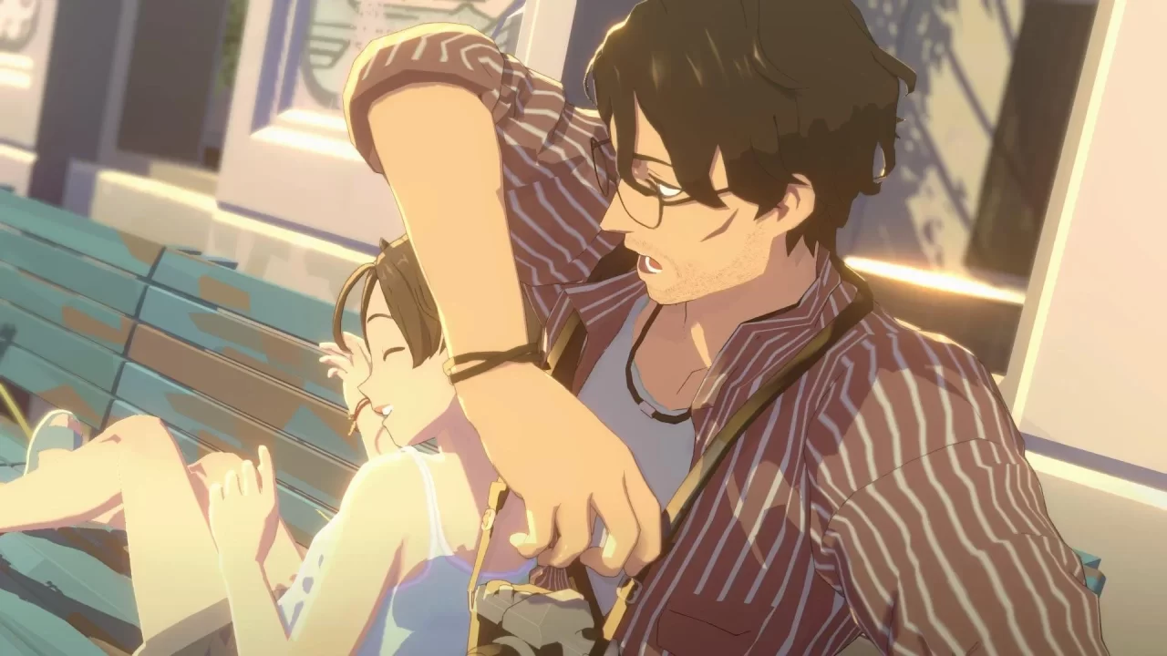 Ren laughing and sitting next to a surprised Eugene in OPUS Prism Peak