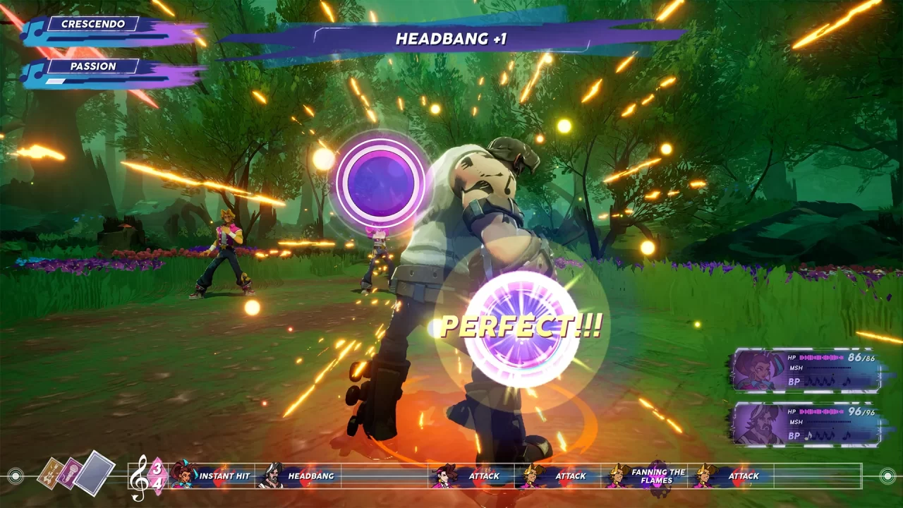Fret using a Headbang attack in People of Note. The screen displays a "perfect" input for the attack.