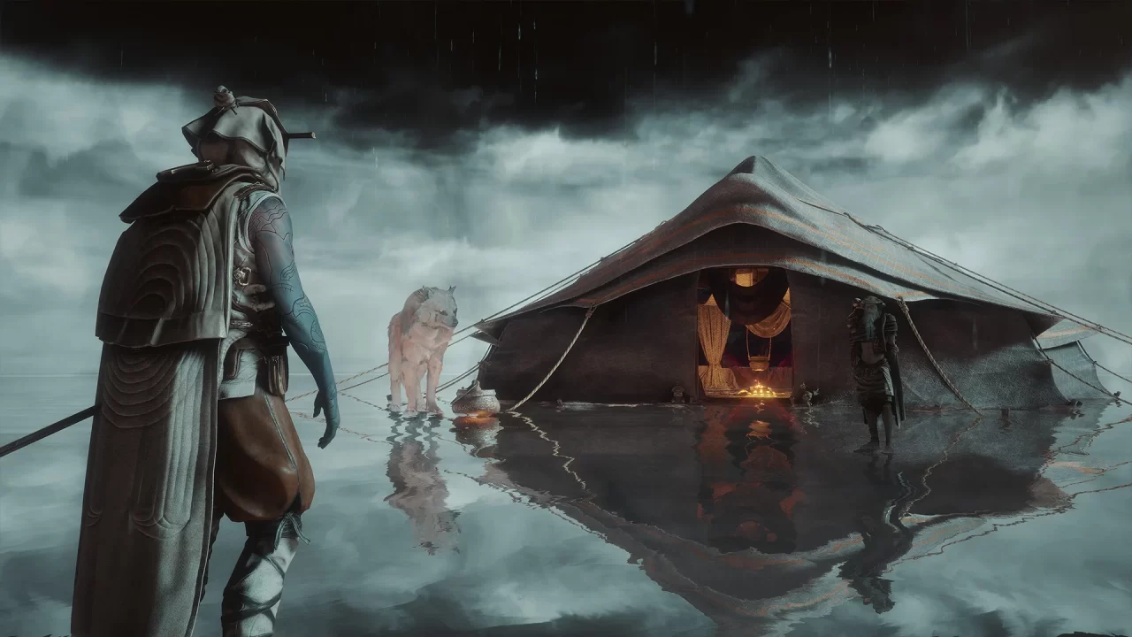 Soulframe screenshot of a character approaching a tent, man, and huge white wolf on a mirror-like endless sea.