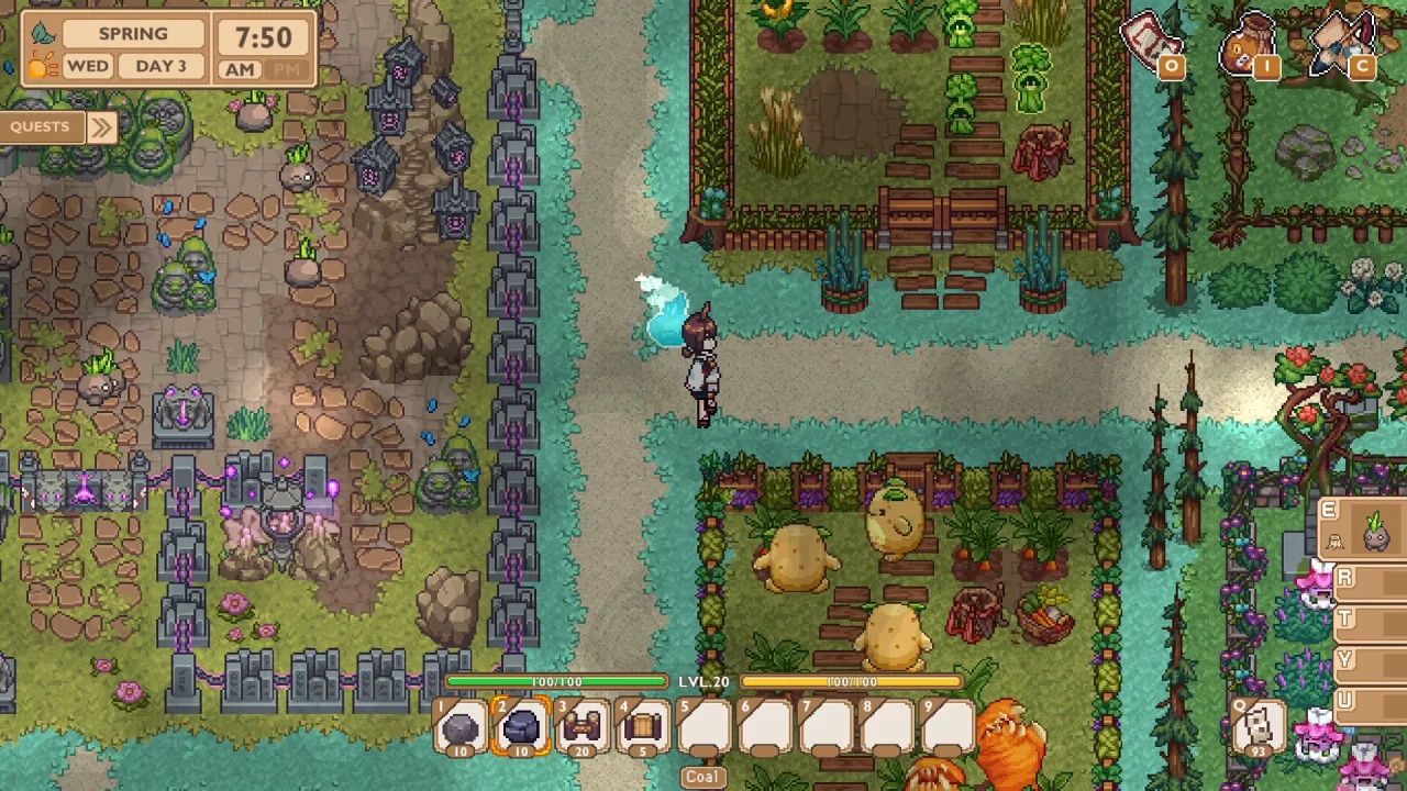 Spirit Rancher screenshot of the protagonist amongst habitats for stone, potato, and other spirits.