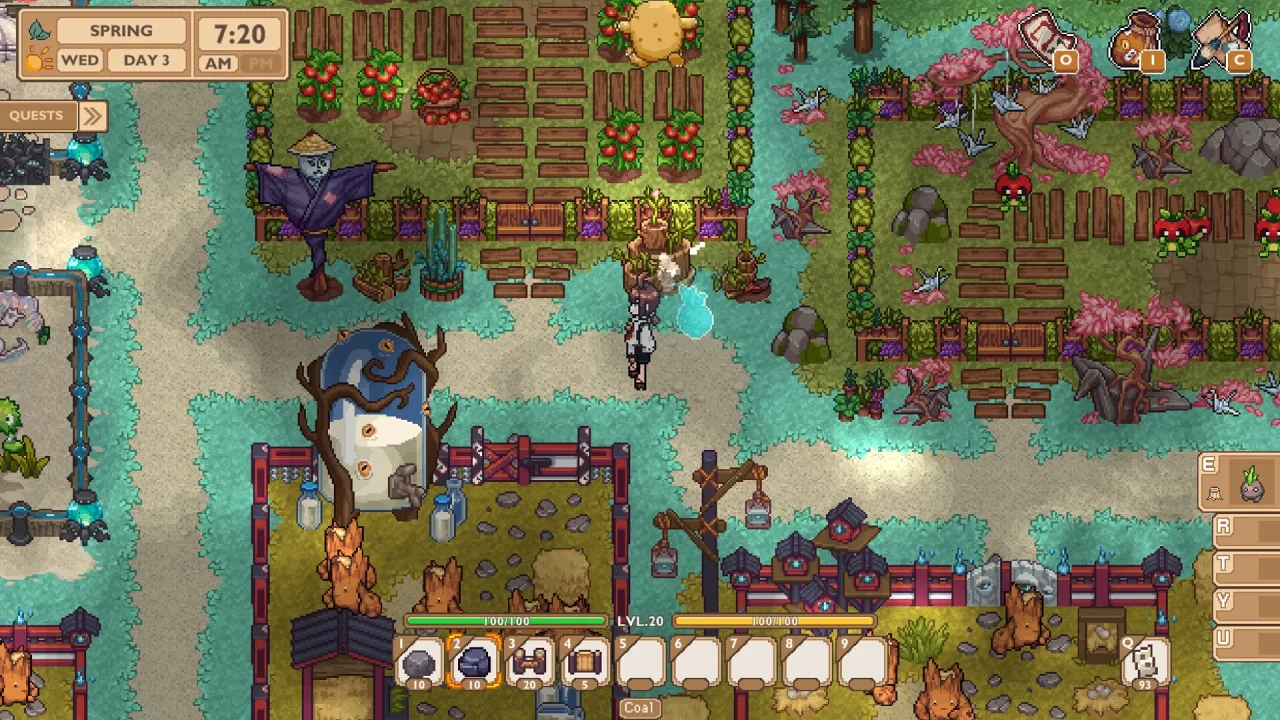 The ranch in Spirit Rancher full of crops, different fencing, and decor elements.