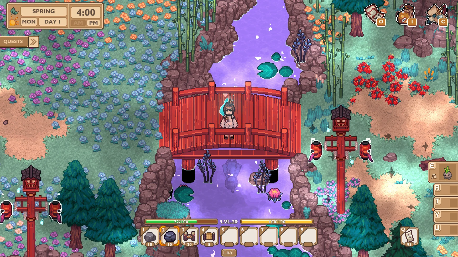 Spirit Rancher screenshot of a character standing on a red arched wooden bridge over a stream in a forest of bamboo and flowers.