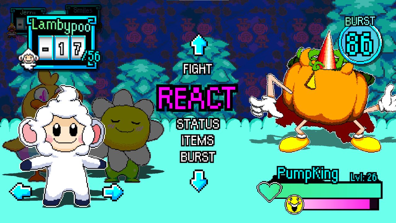 Tales of Tuscany screenshot of a battle menu between Lambypoo and the PumpKing.