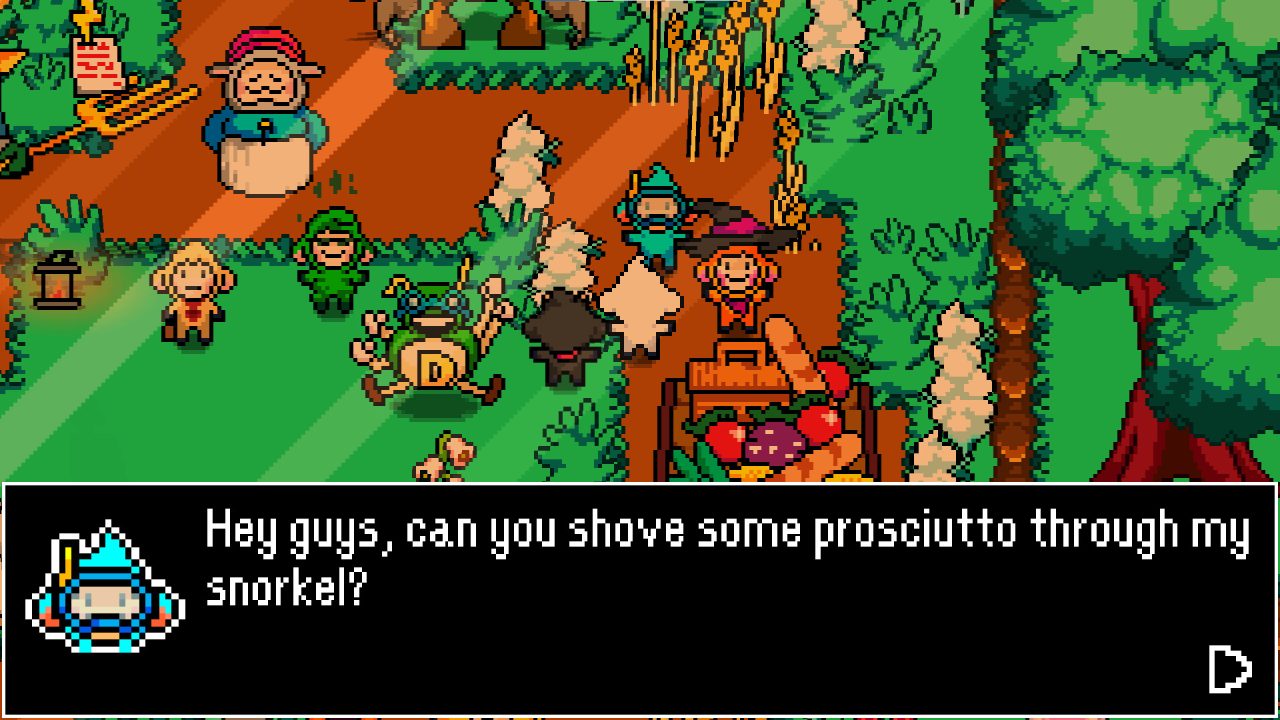 A character asks for others to feed them prosciutto through their snorkel in Tales of Tuscany.