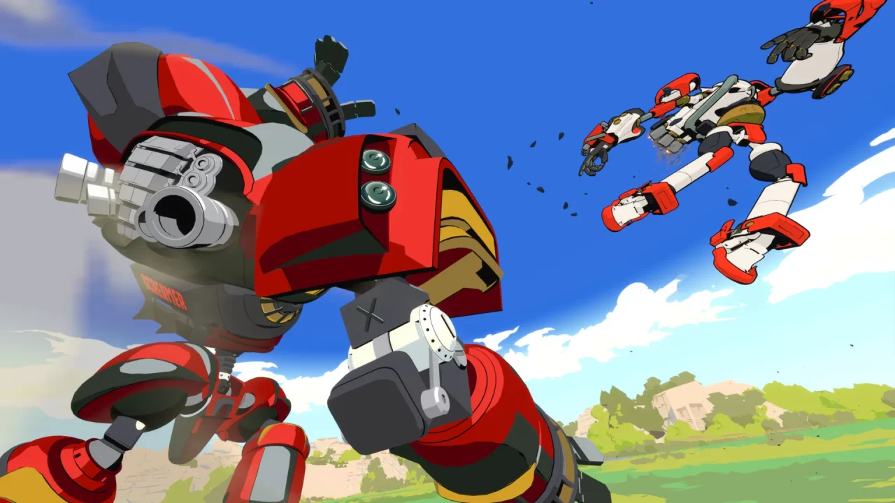 Two giant robots battle in an open plain in Nitro Gen Omega.