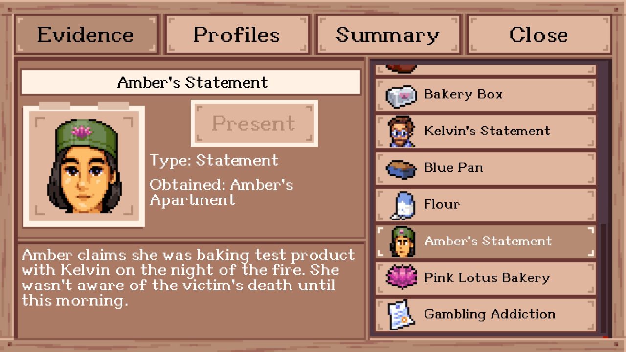 A screenshot of what Amber's Statement looks like in the Evidence menu tab in Paper Perjury Case 6: Regrets & Perjury.