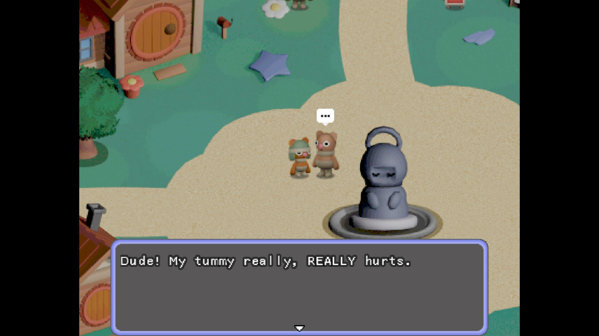 Petrichor screenshot - A cute bear character complains about his upset stomach.