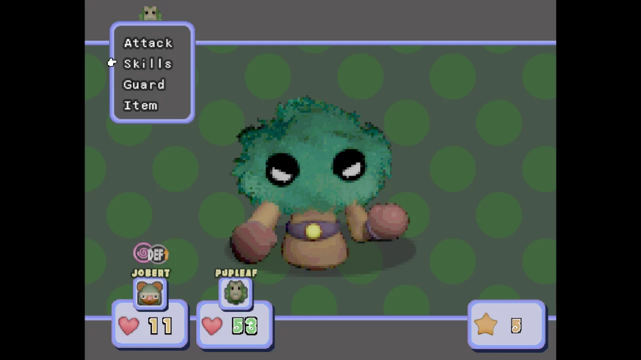 Petrichor screenshot - A turn-based battle against a strange, cartoonish plant creature.