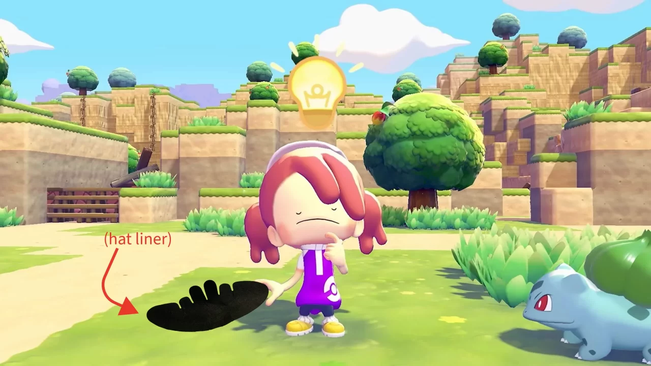 The player character in Pokopia is thinking, then a lightbulb pops up above their head while they are holding some trash.