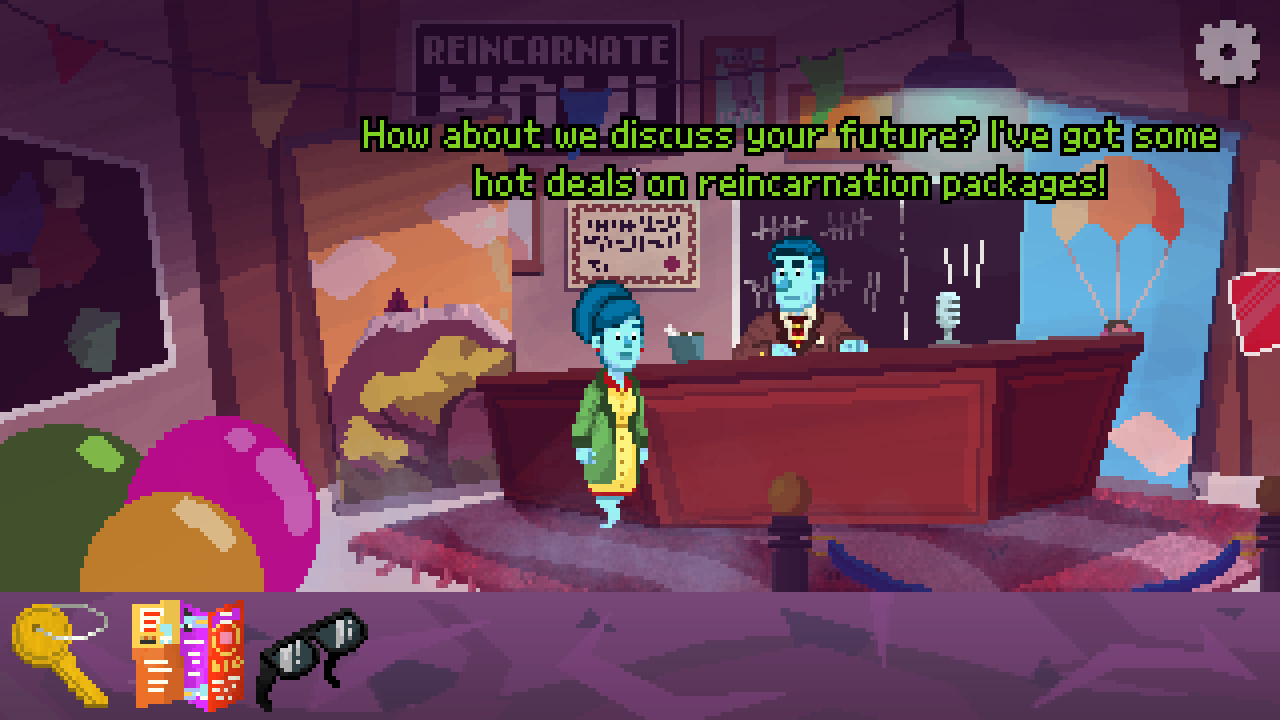 A ghostly woman at what seems to be a reincarnation store in Shadows of the Afterland.