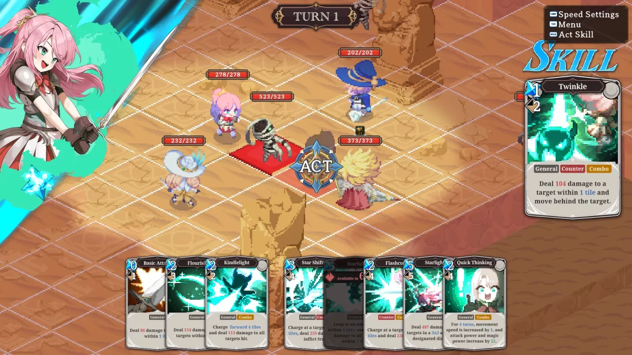 A grid-based battle in Stardust Wish of Witch with a selection of card attacks along the bottom.
