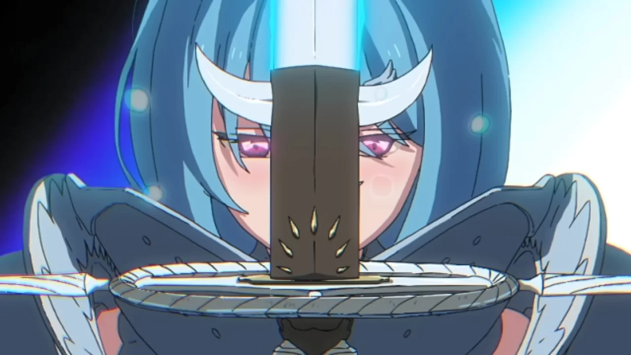 Animated cutscene from Stardust Wish of Witch of a blue-haired woman holding a sword up in front of her face