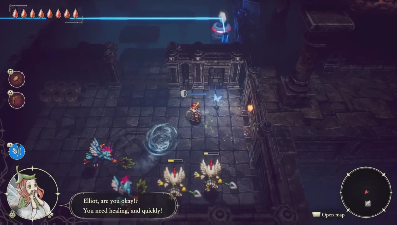 Elliot and Faie square off against a quartet of chicken knights.
