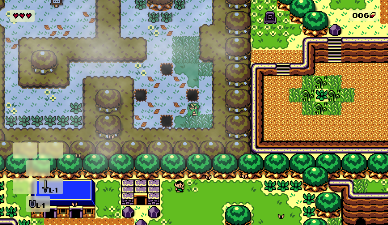 Link is in the Mysterious Woods in Link's Awakening DX HD, with the camera zoomed out enough to see other areas, like Mabe Village (below) and a gravestone (right)