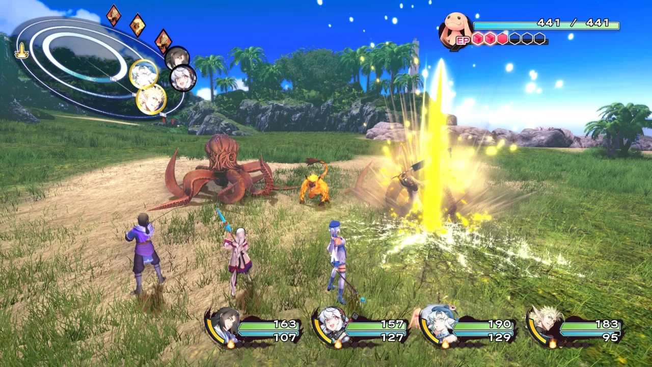 A turn-based battle against an octopus and monkey in a field in Utawarerumono: Past and Present Rediscovered.