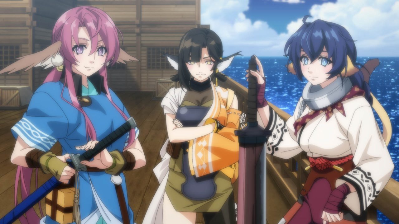 Three women with fluffy ears and tails on a wooden ship in Utawarerumono: Past and Present Rediscovered.