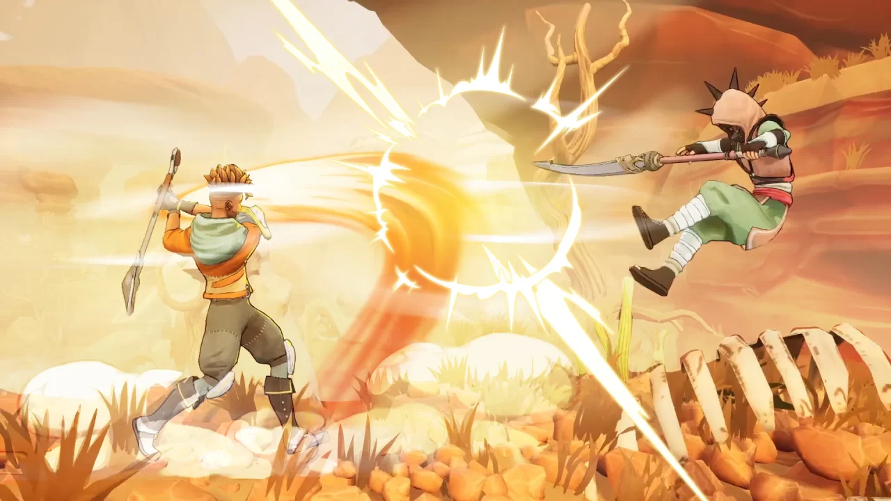 A Fighter's Nova: Mindara screenshot showing a battle scene where one character is thrown back by a shining blast.