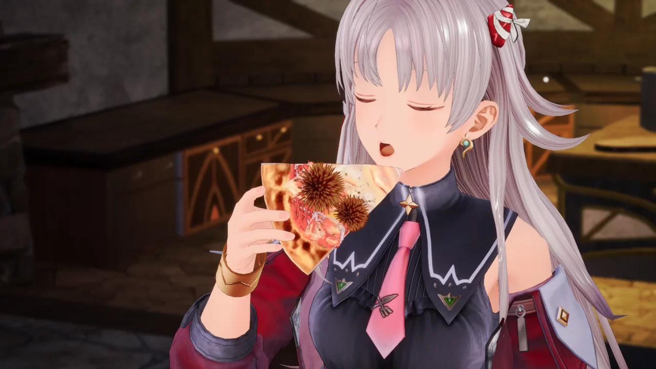Karia eating a slice of pizza with full sea urchins on it in Atelier Karia.