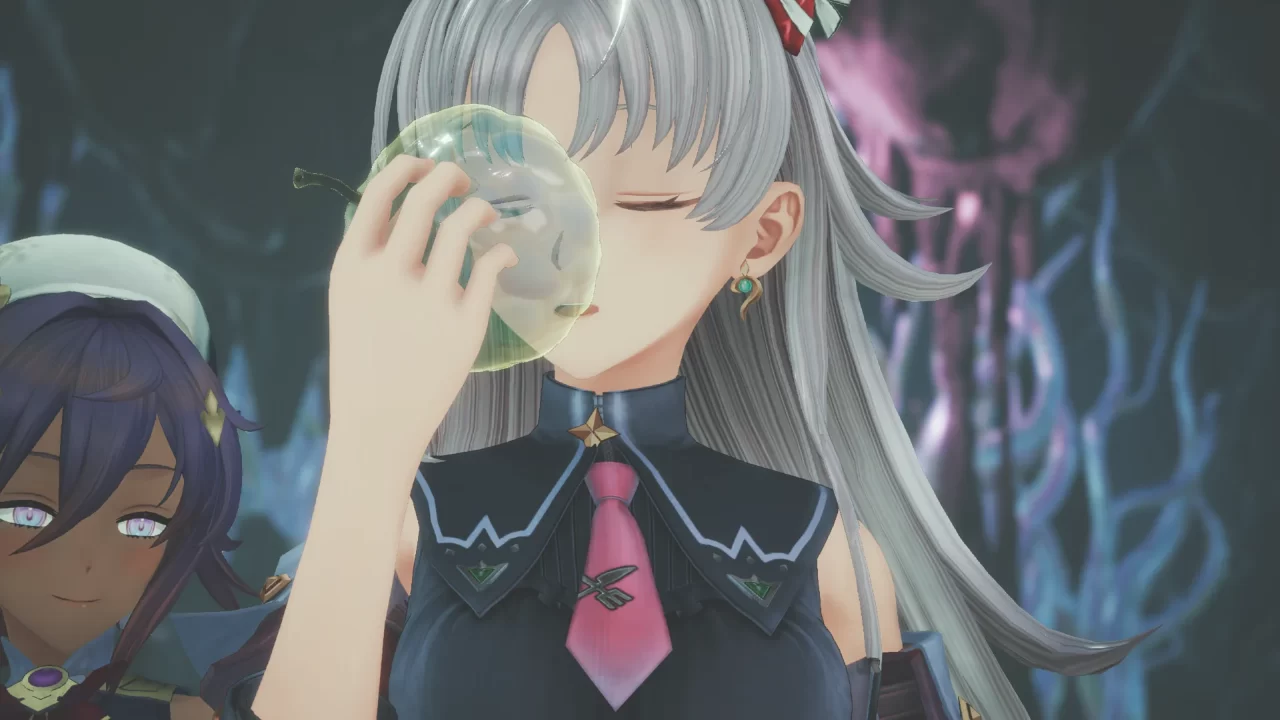 Karia eating a bubble-like fruit in Atelier Karia.
