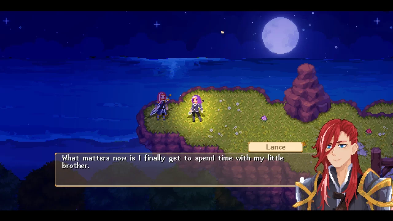 Colossus: Eternal Blight screenshot. Pixel graphic scene of a red-haired man and his friend standing on a cliff at night. The man says he's looking forward to spending time with his younger brother.