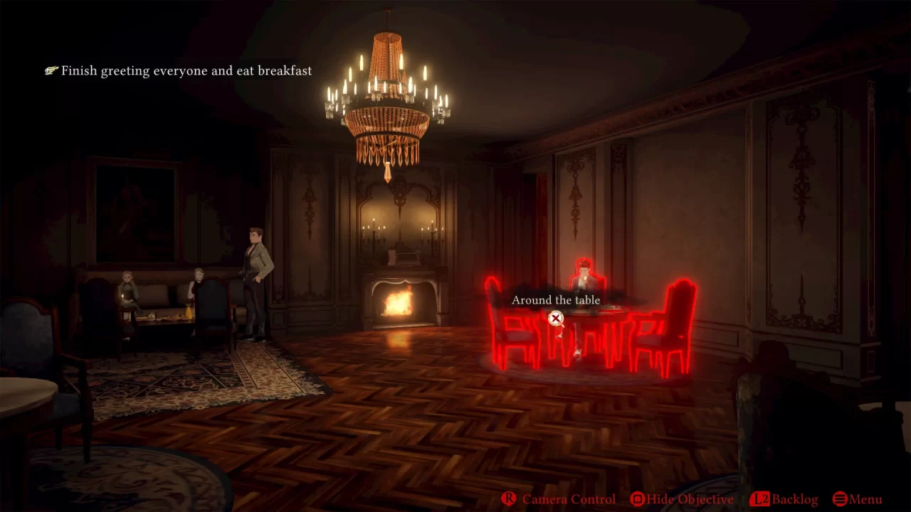 Dark Auction screenshot of an ornate room only lit by a chandelier and fireplace, with a cursor highlighting an interactive table.