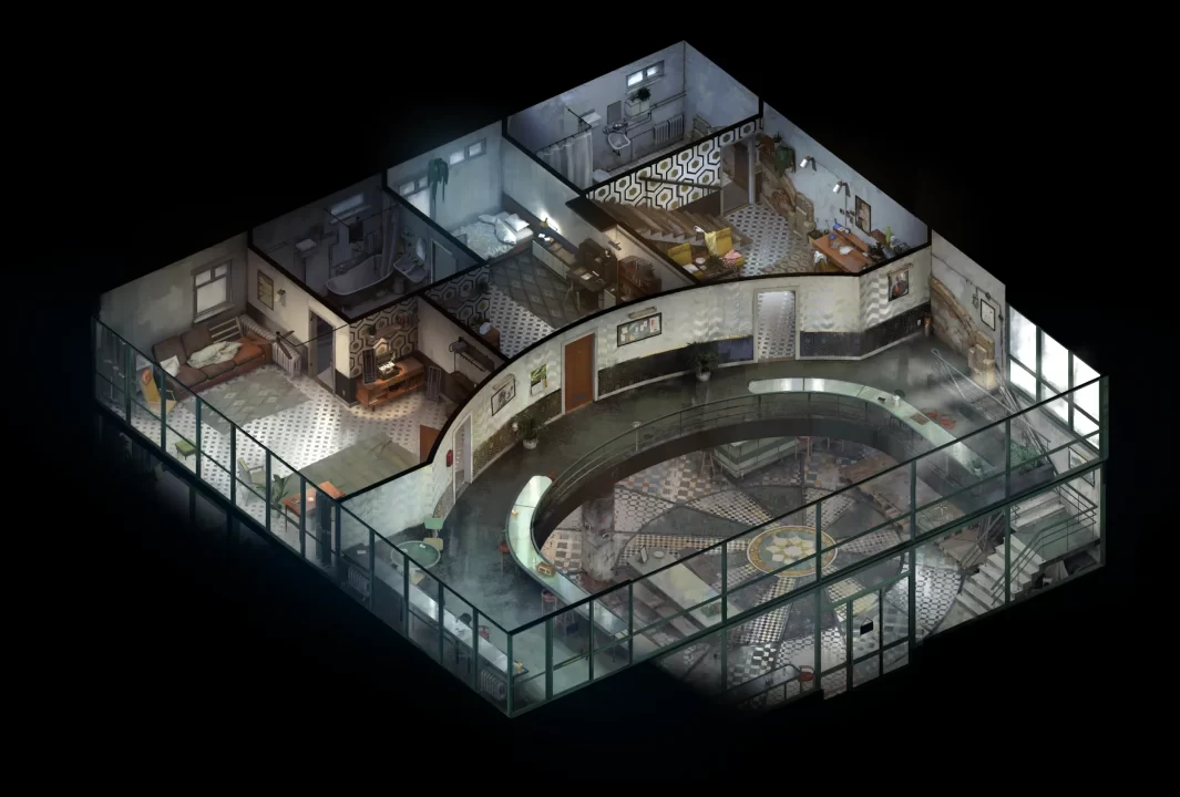 The second floor interior of Whirling-in-Rags in Disco Elysium.