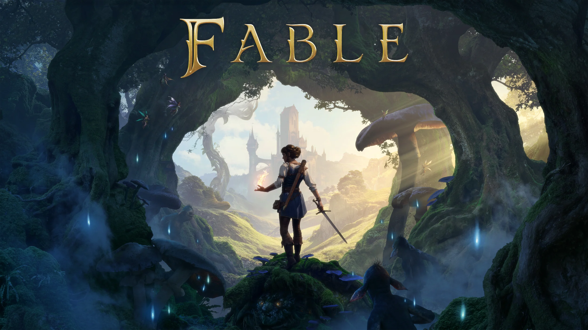 Key art for the Fable reboot with a woman holding a flame in one hand and sword in the other, emerging from a corridor of trees towards a castle