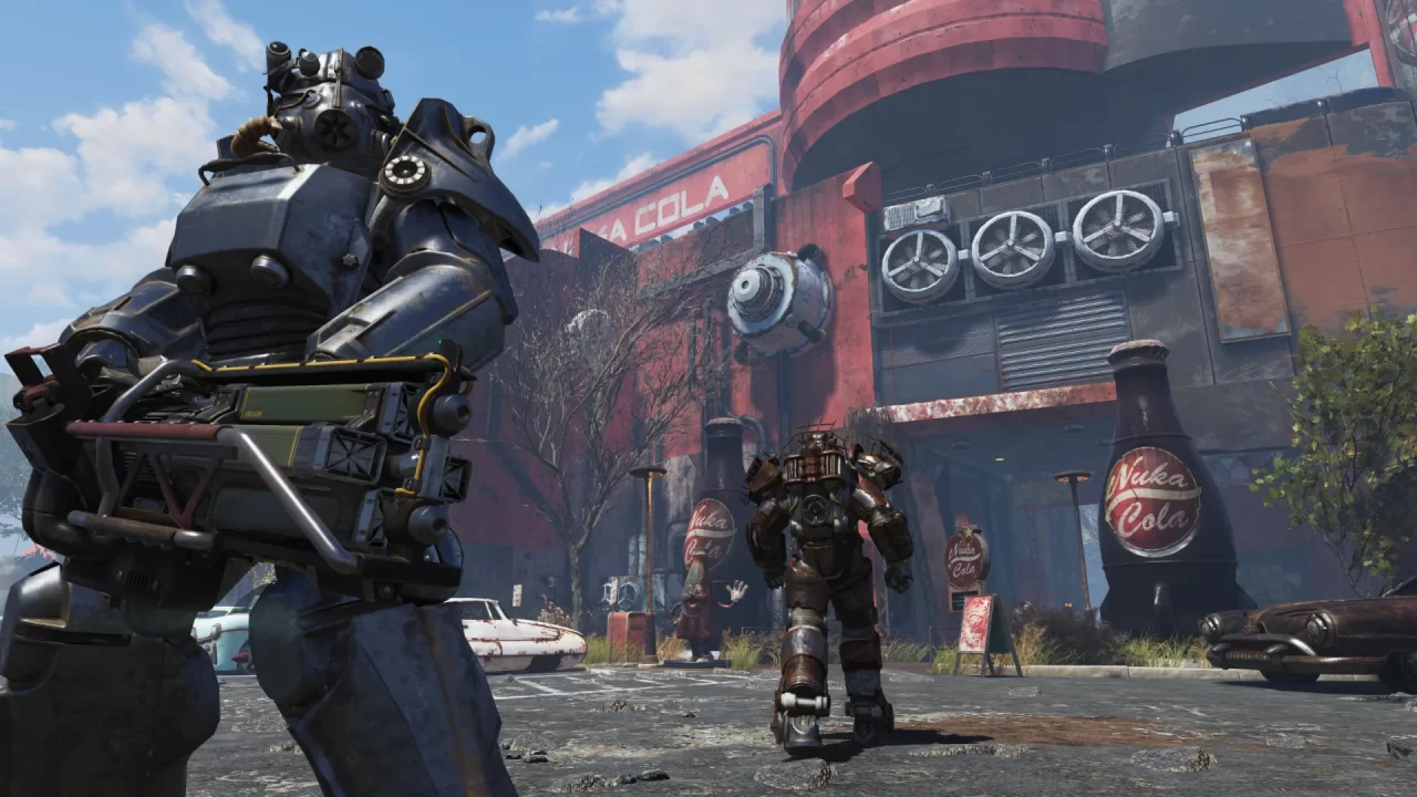 Fallout 76 screenshot of a heavily armored and armed person standing outside a Nuka Cola factory.