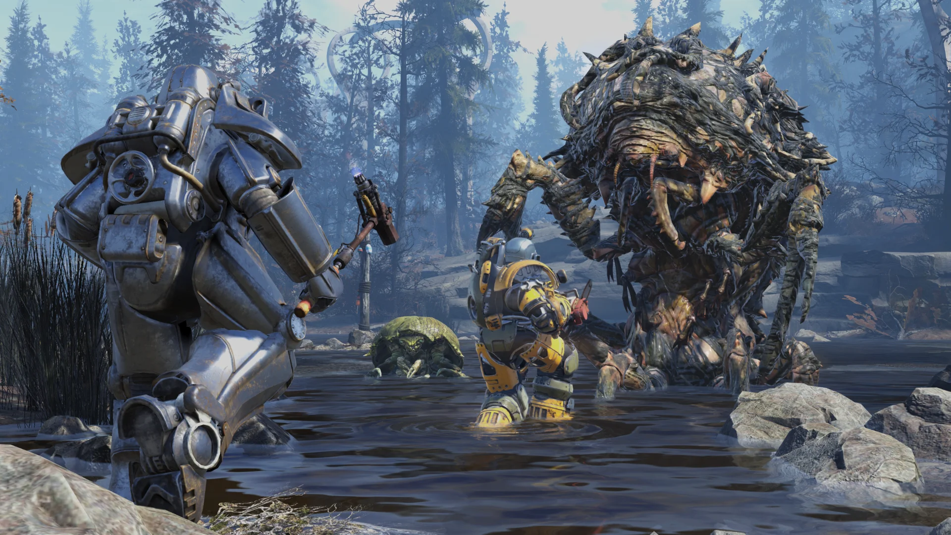 Fallout 76: Infestations screenshot of an armored person with a hammer-like tool approaching another person battling a massive insect creature.