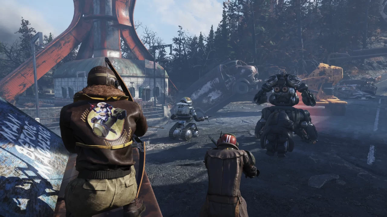 Fallout 76: Infestations Screenshot of a formation of people and robots exploring a wasteland.