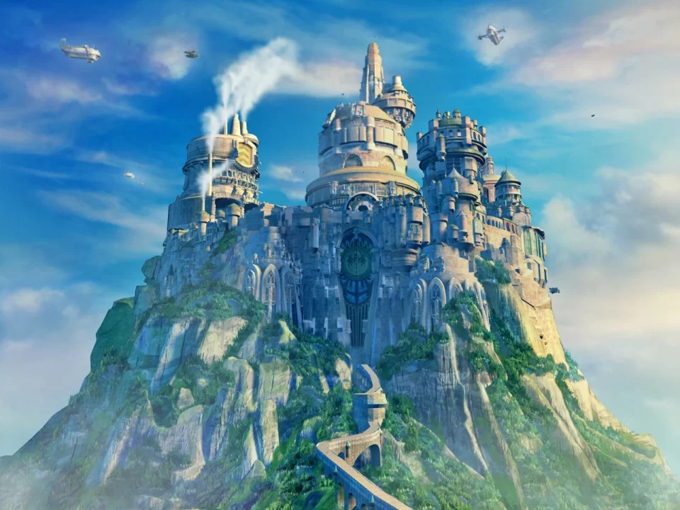 The huge castle of Lindblum set into a grassy hill in Final Fantasy IX.