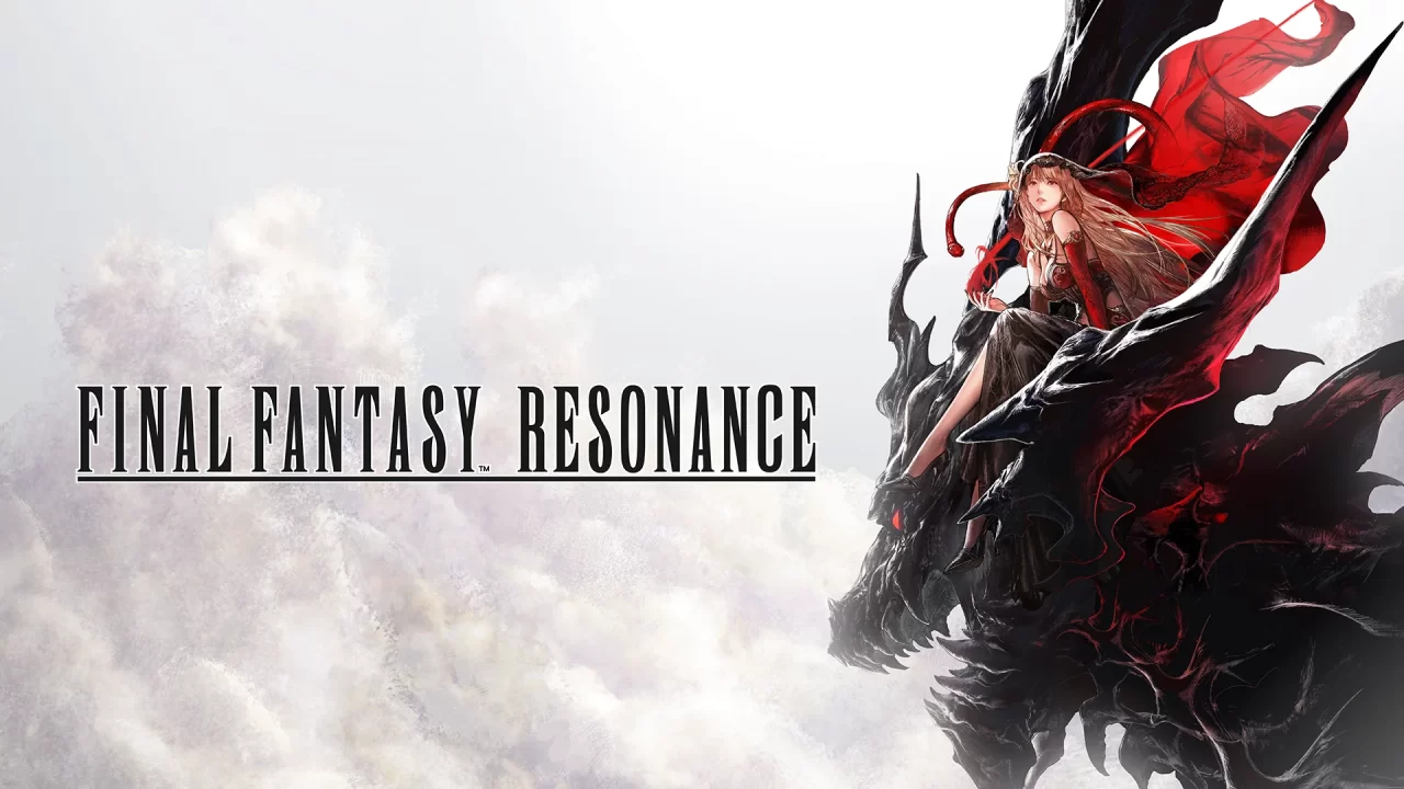 Final Fantasy Resonance logo and art of a woman riding atop Bahamut's head