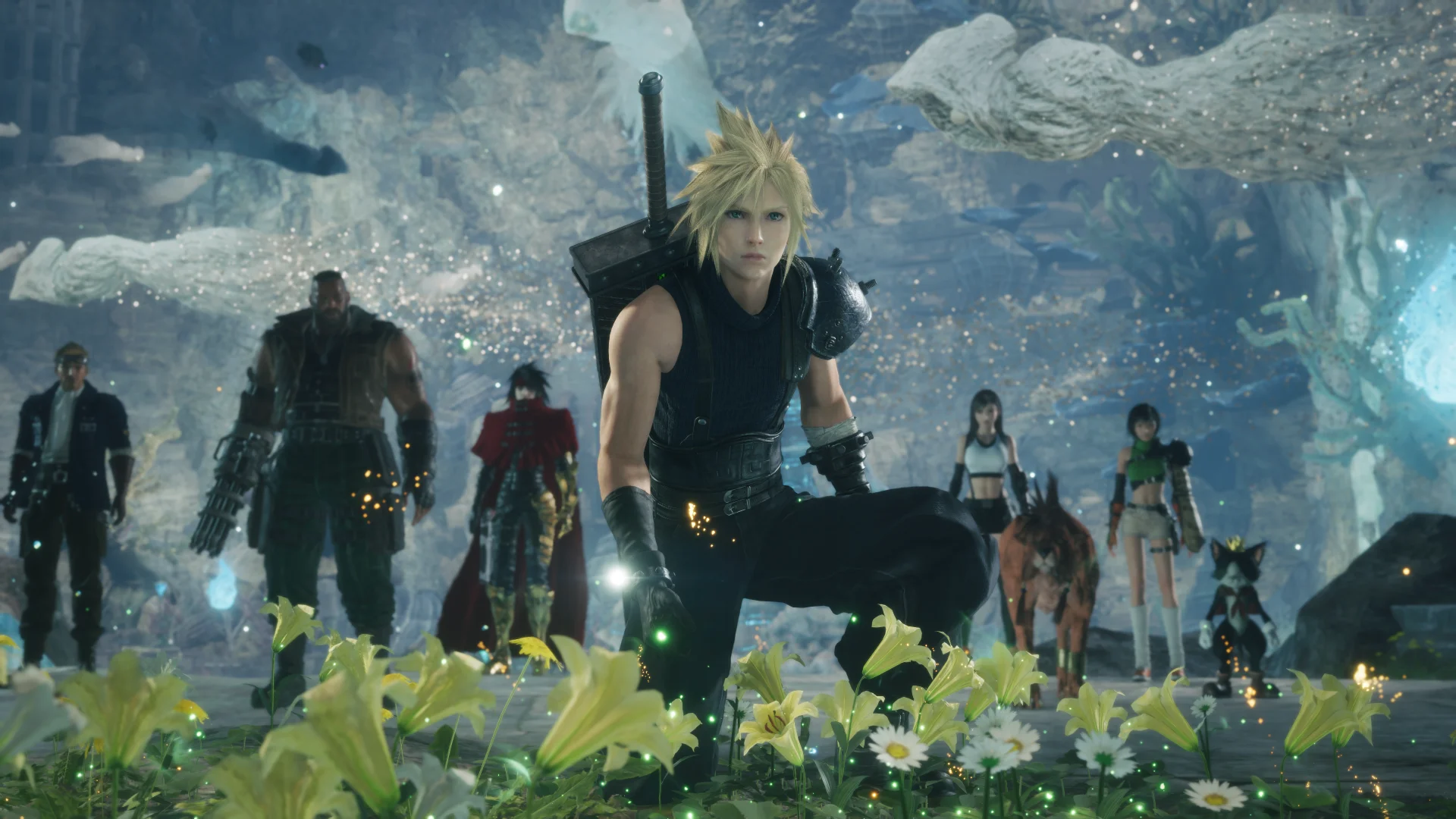 A screenshot of Final Fantasy VII Revelation depicting the core ensemble of characters with Cloud Strife in the foreground on a field of yellow flowers.