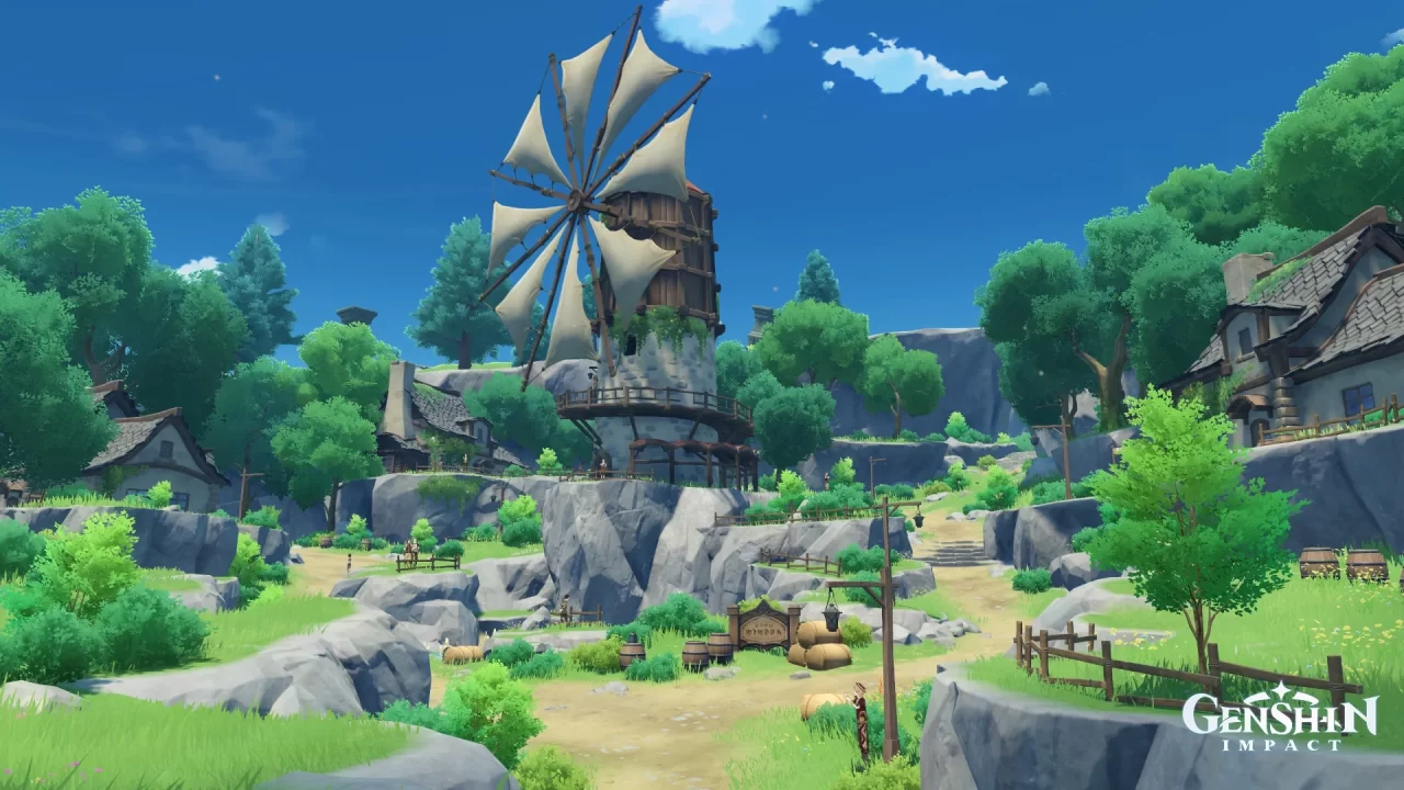 Springvale in Genshin Impact, a town with houses on rocky inclines filled with trees and a windmill at the center.