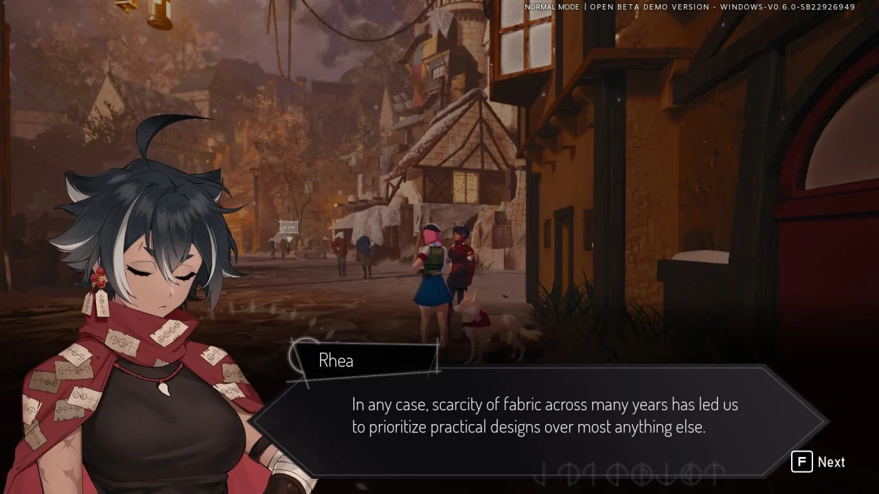 Speaking with an NPC, Rhea, about fabric scarcity in the world of Kernel Hearts.