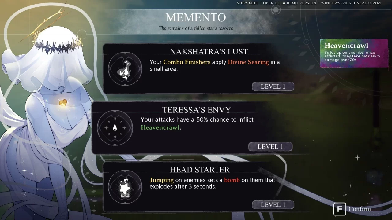Choose between three potential upgrades in Kernel Hearts memento system.