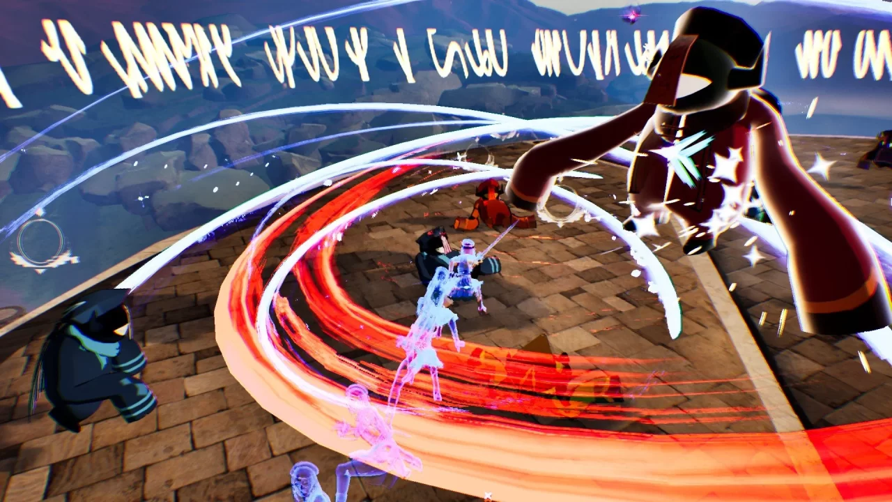 Characters employing huge sword slashes against a large monster in Kernel Hearts.