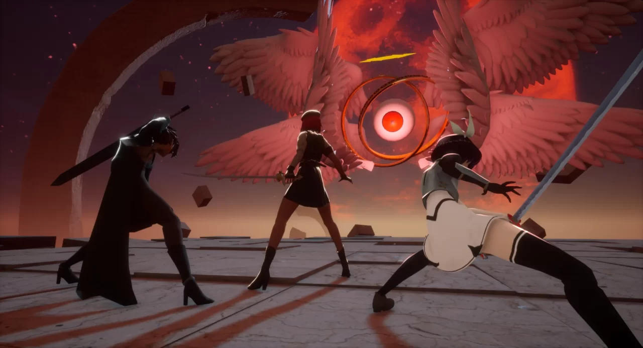 Three girls battle a giant winged eyeball creature in Kernel Hearts.