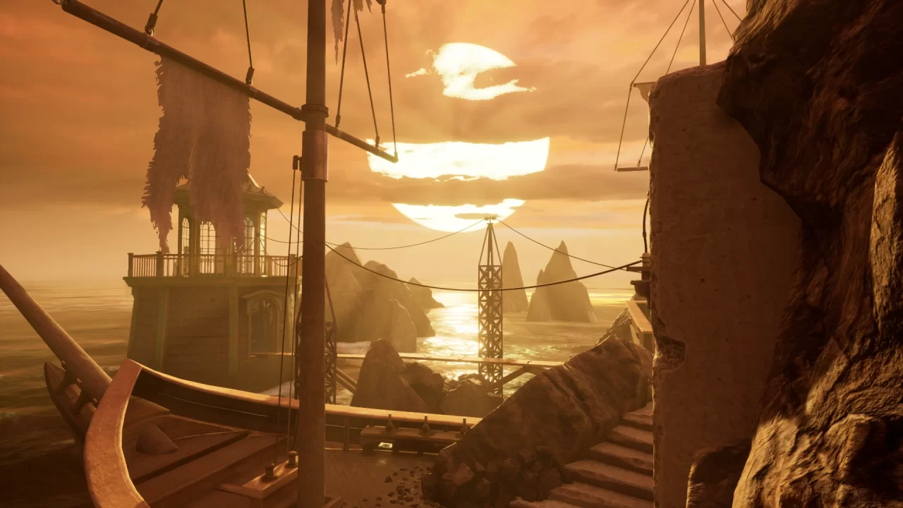 The sun low in the sky over the Stoneship Age in Myst for PS5.