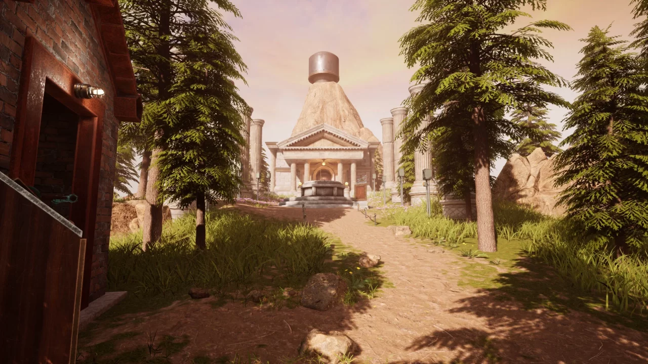The main island library and tower in the Myst remake. 