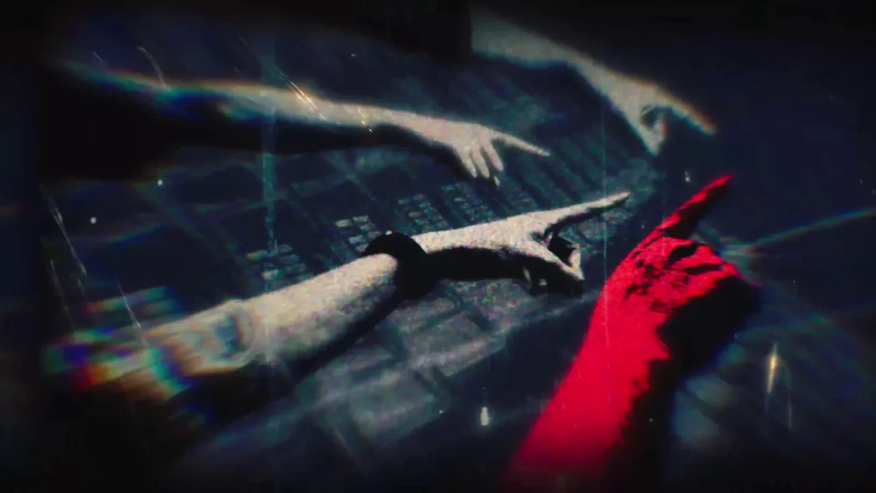 Three pale white hands and one bright red hand pointing in the same direction.