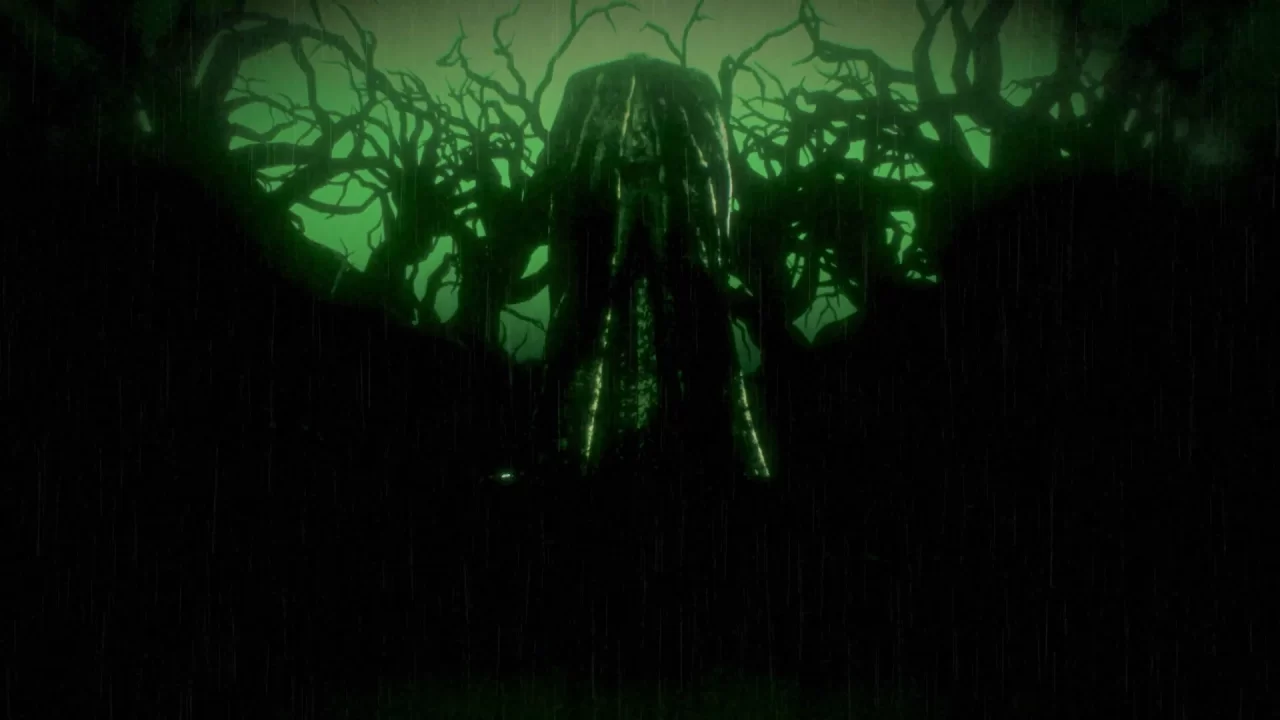 Persona 6 screenshot of a stone structure in a graveyard backed by a green sky and dead trees.