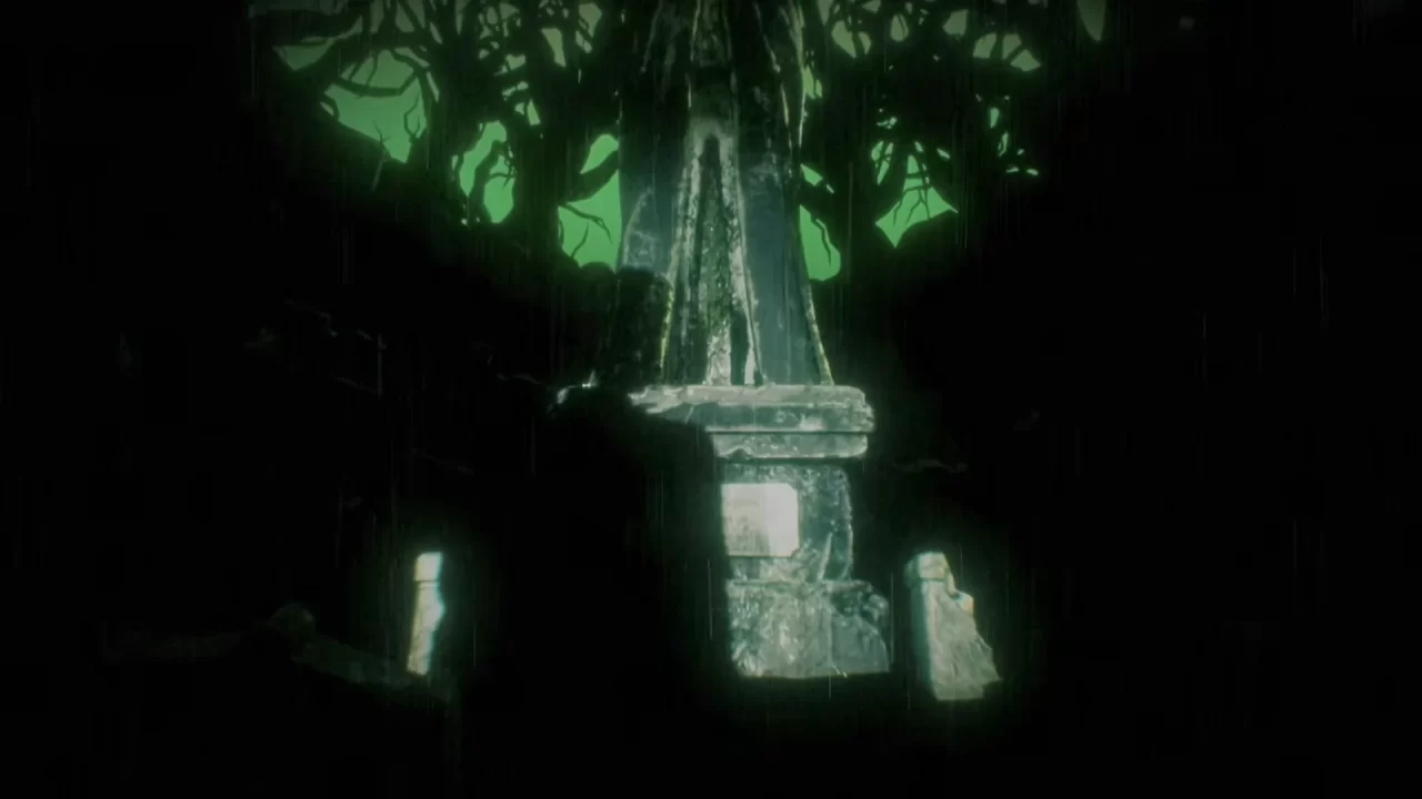 Persona 6 screenshot of a stone structure in a graveyard backed by a green sky and dead trees.
