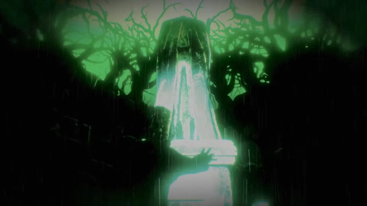 Silhouette of a person reaching out towards a stone graveyard pillar in a flash of light in Persona 6.