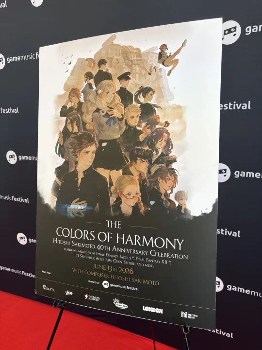 Close up of a Colors of Harmony poster featuring an array of characters from games with Sakimoto soundtracks.