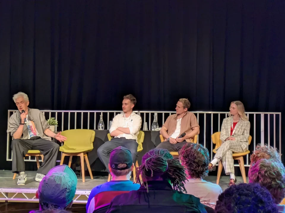 Alternate view of the pre-concert interview highlighting the interviewer.